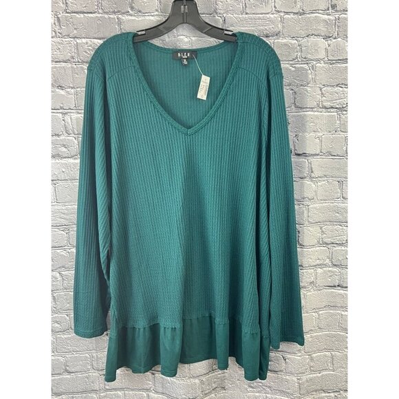 B.L.E.U. Tops - Dressbarn Womens Size 3X‎ Teal Ribbed Long Sleeve V-Neck Ruffle Hem Top